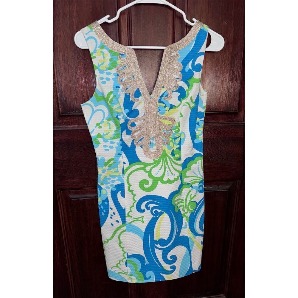 Lilly Pulitzer‎ Janice Shift Dress 0 Multicolor Crystal Coast Gold Embellished